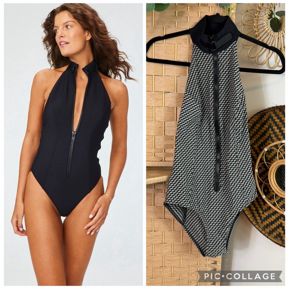 Lisa Marie Fernandez Bonded Maillot One Piece Swimsuit Black Grey Chevron Size L